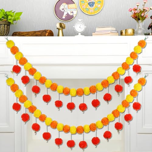 Orange Marigold Garland with Pearls for Diwali Decoration - 5Ft, 2 Pack