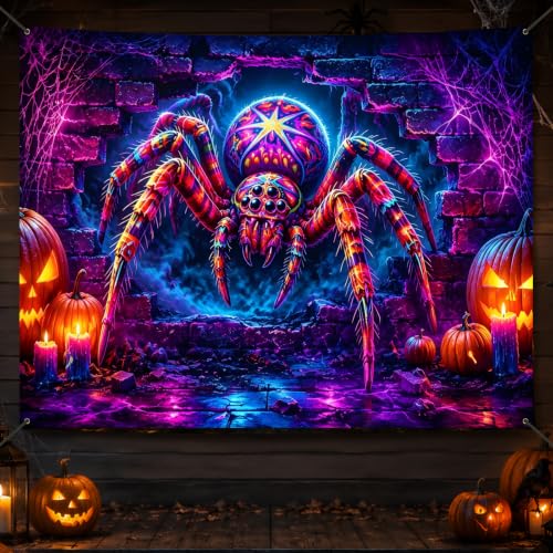Neon Spider Halloween Banner - 71x91 Inches Polyester, Party Decor, Spooky Yard Display