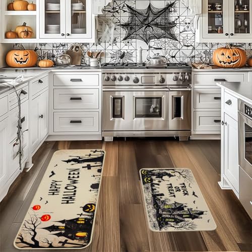 Halloween Kitchen Rugs Set of 2 - Spooky Witch Pumpkin Bat Doormat Non-Slip Entrance Mats