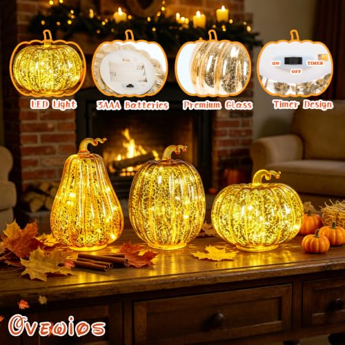 Gold Mercury Glass Pumpkin Lights Set - 3 LED Fall Halloween Porch Lanterns