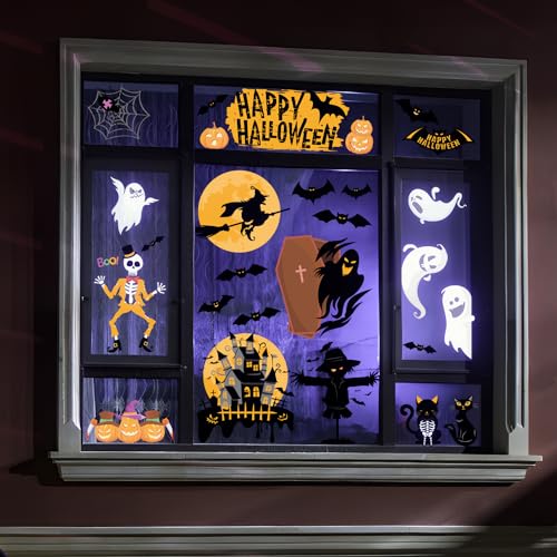 Halloween Window Clings Decor - 6 Sheets Reusable Spooky Stickers for Indoor Party Decorations