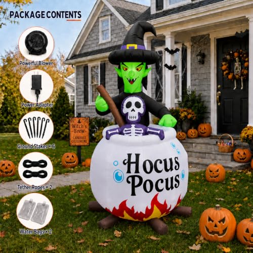Inflatable Witch with Cauldron Halloween Yard Decor - RGB Lighted, 6ft, Outdoor Decorations - Variation of Witch Cauldron
