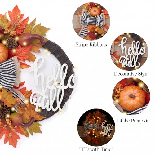 Brown 22-Inch Collapsible Fall Wreath with Pumpkins and Lights - Rustic Door Decor