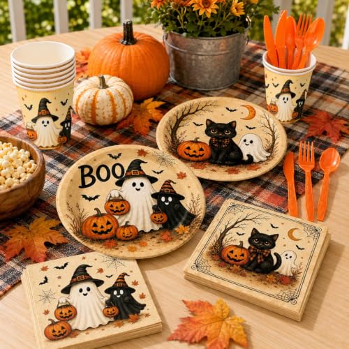 Halloween Party Supplies Set with Plates Cups Napkins Cutlery Ghost Black Cat Design
