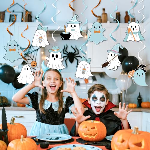 Halloween Ghost & Pumpkin Hanging Decorations - Blue & White Spooky Ceiling Streamers Set