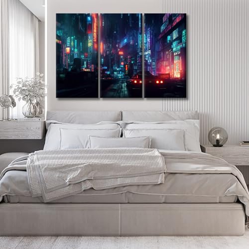 Cyberpunk Wall Art Set - 3 Panels, Cityscape Night Scene, Framed Ready to Hang - 40x60 Inch Variation of THIS listing