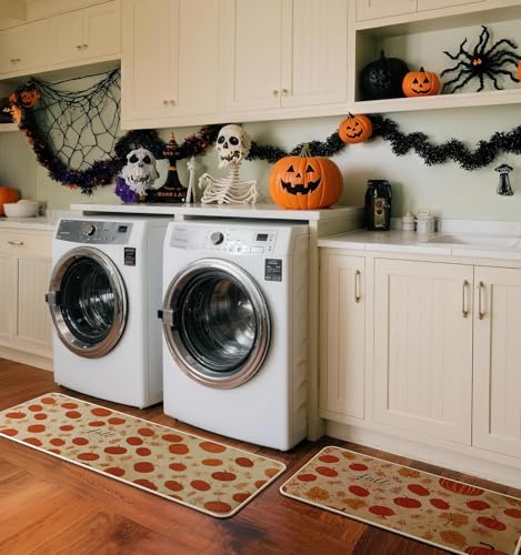 Halloween Kitchen Mat Set of 2 - Pumpkin Fall Design, 17x29 & 17x47 Inches - Orange Variation