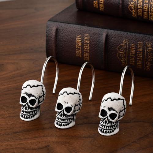 Decorative Skull Shower Curtain Hooks Set - Black Skull Design, 12PCS
