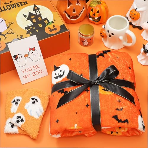 Halloween Boo Gift Set for Women with Mug Socks Candle Blanket & Tealight