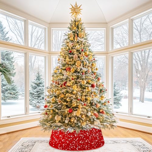 Red Christmas Tree Collar Sequin Tree Skirt 28 Inch Velvet Holiday Decor