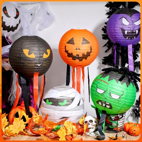 Halloween Hanging Paper Lanterns Set - 6 Color Jack-o-Bat Decorations with Tassels