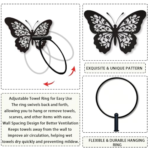Butterfly Decorative Towel Ring for Bathroom Wall Mount Black Metal Accessory