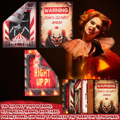 Preboun Halloween Circus Decorations Retro Poster Set - Creepy Carnival Wall Art, 6 Pieces