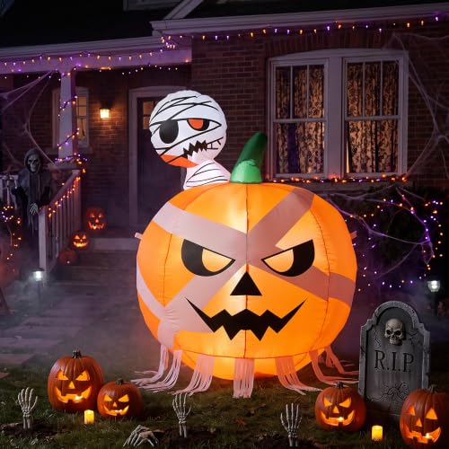 Halloween Inflatable Mummy & Pumpkin Duo with LEDs - 4FT Outdoor Yard Decor - Horror Pumpkin Variation