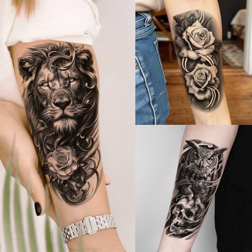 Temporary Tattoos Set with Lion Design - 74 Waterproof Sheets for Men, Women & Kids - Easy Removable Body Art