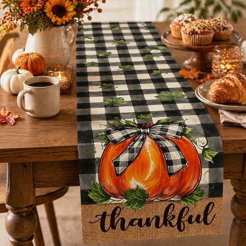 Fall Table Runner with Buffalo Plaid Bowknot Pumpkin Thankful Decor for Dining Table