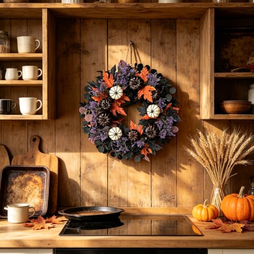 Halloween Wreath for Front Door - Black & White Pumpkins, 22 Inch - Variation: Black