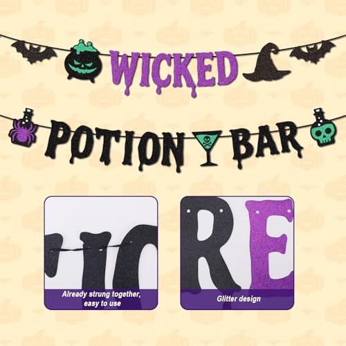 Halloween Bar Banner with Glitter Potion Icons - Pre-Strung Party Decor