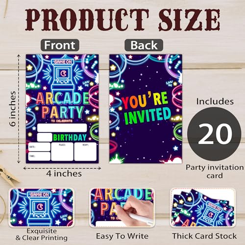 Colorful Neon Arcade Games Birthday Invitations Set - 20 Double Sided Fill-In Cards with Envelopes, Kids Party Favors