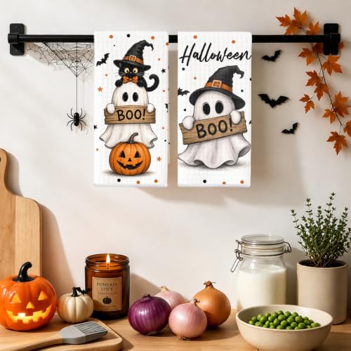 Jztco 2 Pcs Ghost Cat Halloween Kitchen Towels - Multi 1657 Spooky Hand Towels