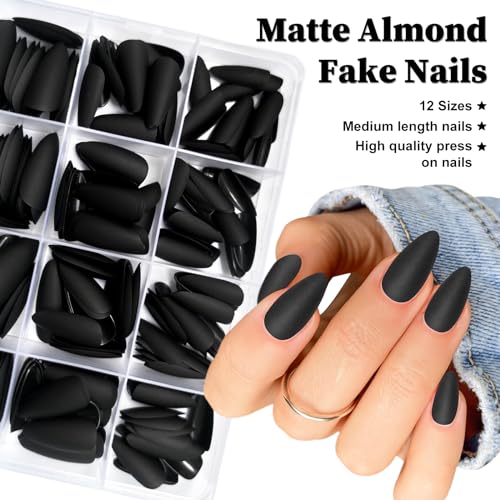 Lifextol Black Almond Press-On Nails Kit - Medium Length Fake Nails with Glue & Tools, Variation: Black