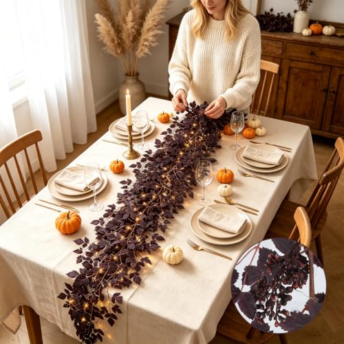 9FT Artificial Plum Cimicifuga Seeded Garland with 100 LED Lights - Fall Decor, Halloween & Thanksgiving