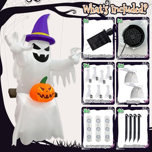 8 FT Ghost Inflatable Halloween Decorations with Witch Hat & Pumpkin - Spooky Yard Decor