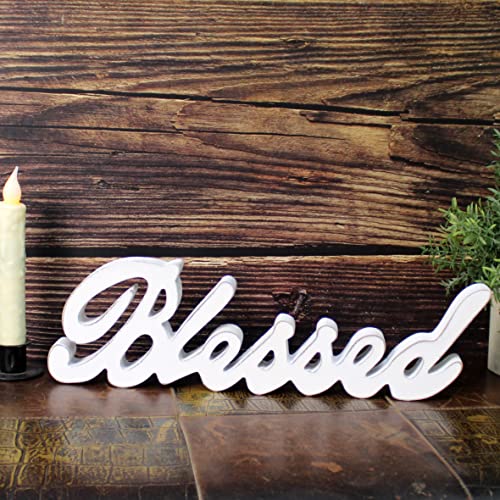 Blessed Sign Free Standing Wooden Decor - Distressed White 15x4-1/4 Inch