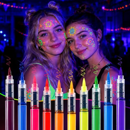 Glow Face & Body Paint Pens - Neon UV Reactive, Skin Safe, Washable, Quick-Dry