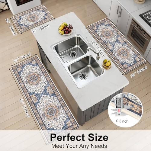 Boho Kitchen Rugs Set of 3 with Runner - Blue/Orange, Non Slip Washable Floor Mats