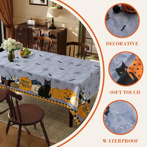 Halloween Waterproof Tablecloth - Spooky Pumpkin, Black Cat, Bat & Web Design - 84x60 Inches Rectangular