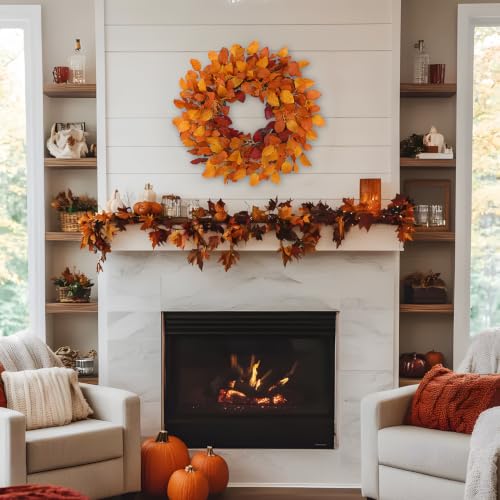 Artificial Fall Leaf Wreath - 24 Inch Autumn Decoration in Orange Yellow - Rustic Front Door Decor