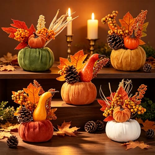 Autumn Pumpkin Decor Set - 5PCS Fall Thanksgiving Home Indoor Decorations - Green, Coffee, White, Camel