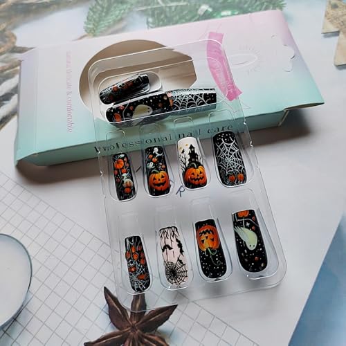 Halloween Fake Nails Press On Nails V2 - Spider Web Ghost Bat Design, Medium Square Full Cover Glossy Acrylic, 24 Pack