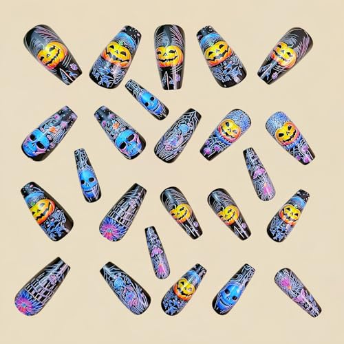 Halloween Fake Nails Set - Coffin Shape Full Cover Press On Nails with Pumpkin Skull Design - Medium Length - Variation 2