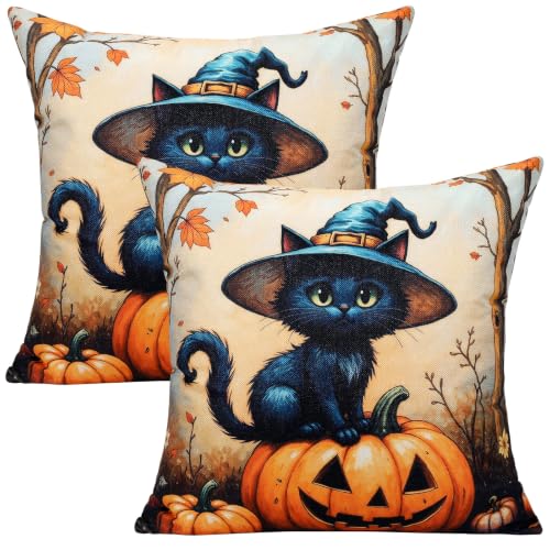 Wizard Cat Halloween Pillow Covers 16x16 Set of 2 - Black Cat Pumpkin Decor