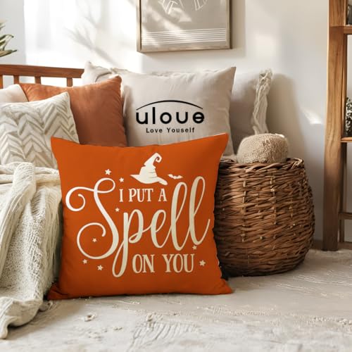 Halloween Throw Pillow Covers 18x18 Inches Set of 2 with Funny Witch Sayings - Orange Fall Decor