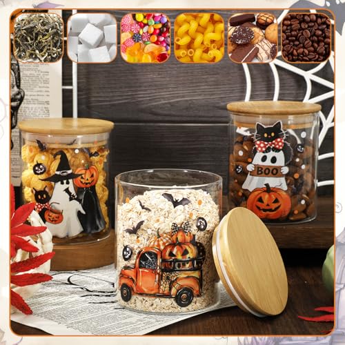 Halloween Glass Storage Jars Set with Airtight Lids - Ghost Pumpkin Truck Decor