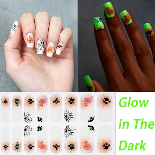 Halloween Glow-in-The-Dark Nail Wraps - Ghost & Pumpkin French Tips, 4 Sheets, Style 10
