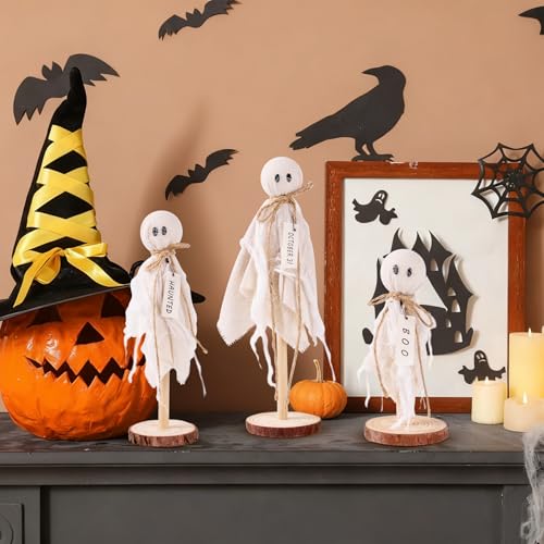 Halloween Ghost Decorations Indoor Set of 3 Rustic Wooden Stand Spooky Table Centerpieces