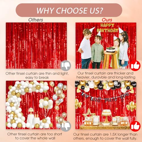 Shiny Red Foil Fringe Curtain Backdrop for Party Photo Booth Decorations - 3 Pack