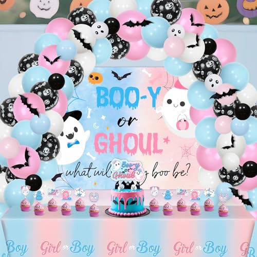 Halloween Gender Reveal Decorations Kit with Backdrop Balloon Garland & Bat Wall Stickers