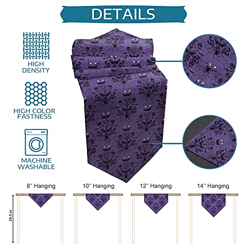 Halloween Black Spider Web Bat Table Runner - Cotton Linen, 13 x 36 Inches, Purple Variation