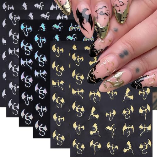 Halloween Dragon Nail Stickers 6 Sheets Gothic Holographic Nail Decals - Bat & Y2K Design
