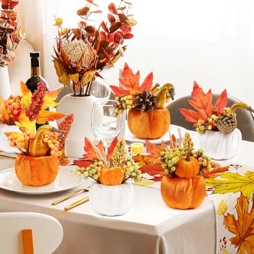 Artificial Velvet Pumpkins Set with Maple Leaves and Berries for Fall Thanksgiving Decor - 6 Pieces