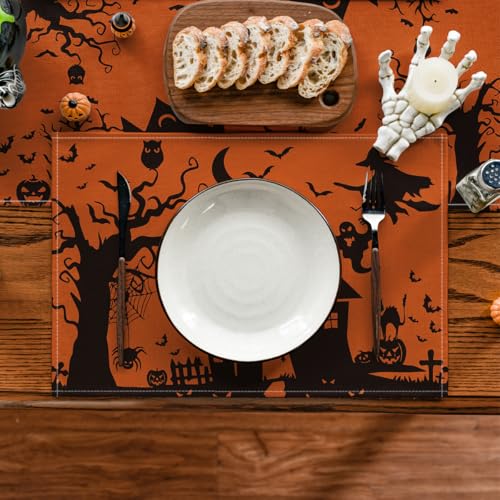 Halloween Haunted House Placemats Set of 4 - Orange Spooky Table Mats 12x18 Inch