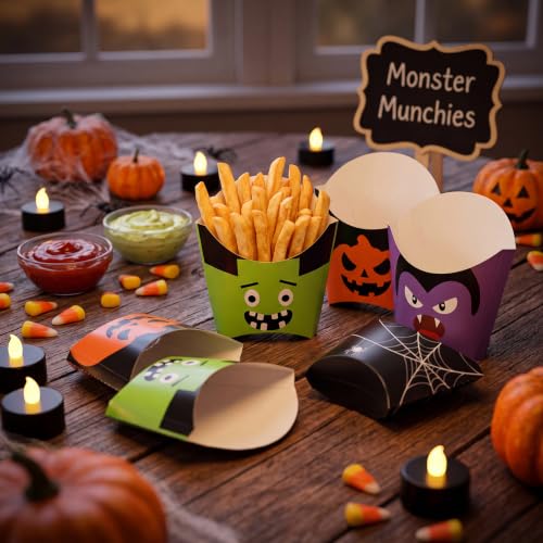 Halloween French Fries Holder Set - 40 Pcs Spooky Snack Cups with Monster, Vampire, Pumpkin & Spider Web Designs