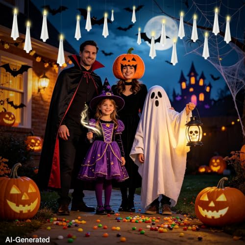 White 20 Pcs Halloween Ghost Flameless Floating Candles with Wand Remote Timer - Indoor & Outdoor Decor
