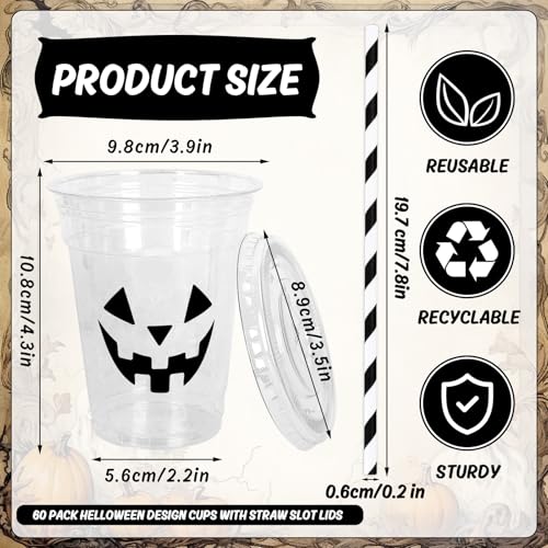 Halloween Face Disposable Plastic Cups with Lids & Straws - 12 oz Party Favors