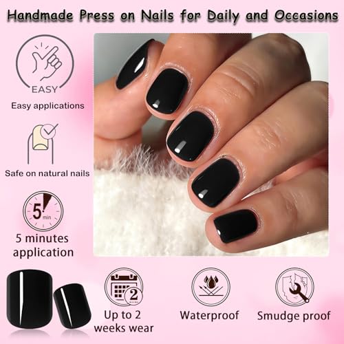 Black Short Square Press-On Nails Kit with Glue & Nail Tips - Reusable Fake Nails